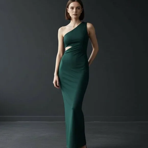 Lulu's Dark Green One-Shoulder Dress - Picture 1 of 8